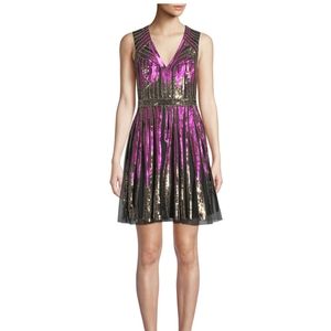 NWOT, Aidan Mattox Striped Beaded V-Neck Dress.